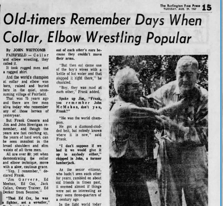 thousandholds's tweet photo. This might legitimately be the only historical photo of Collar and Elbow. Two old guys in 1967 reminiscing about how their tiny Vermont village once produced a world champion in the style, and giving a demo of how it was practiced by their grandfathers and great-grandfathers. https://t.co/1L6jPcwEBS