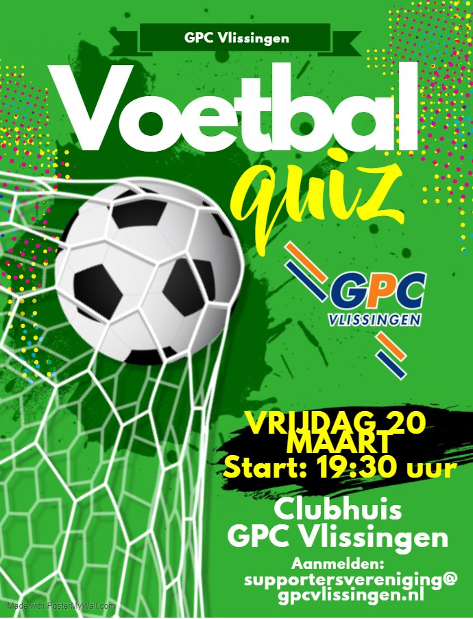 GPCVlissingen's tweet image. Vrijdag 20 maart is er weer een voetbalquiz bij GPC Vlissingen. Aanmelden in koppels bij de Supportersvereniging. Let op: we beginnen dit keer om 19.30 uur!