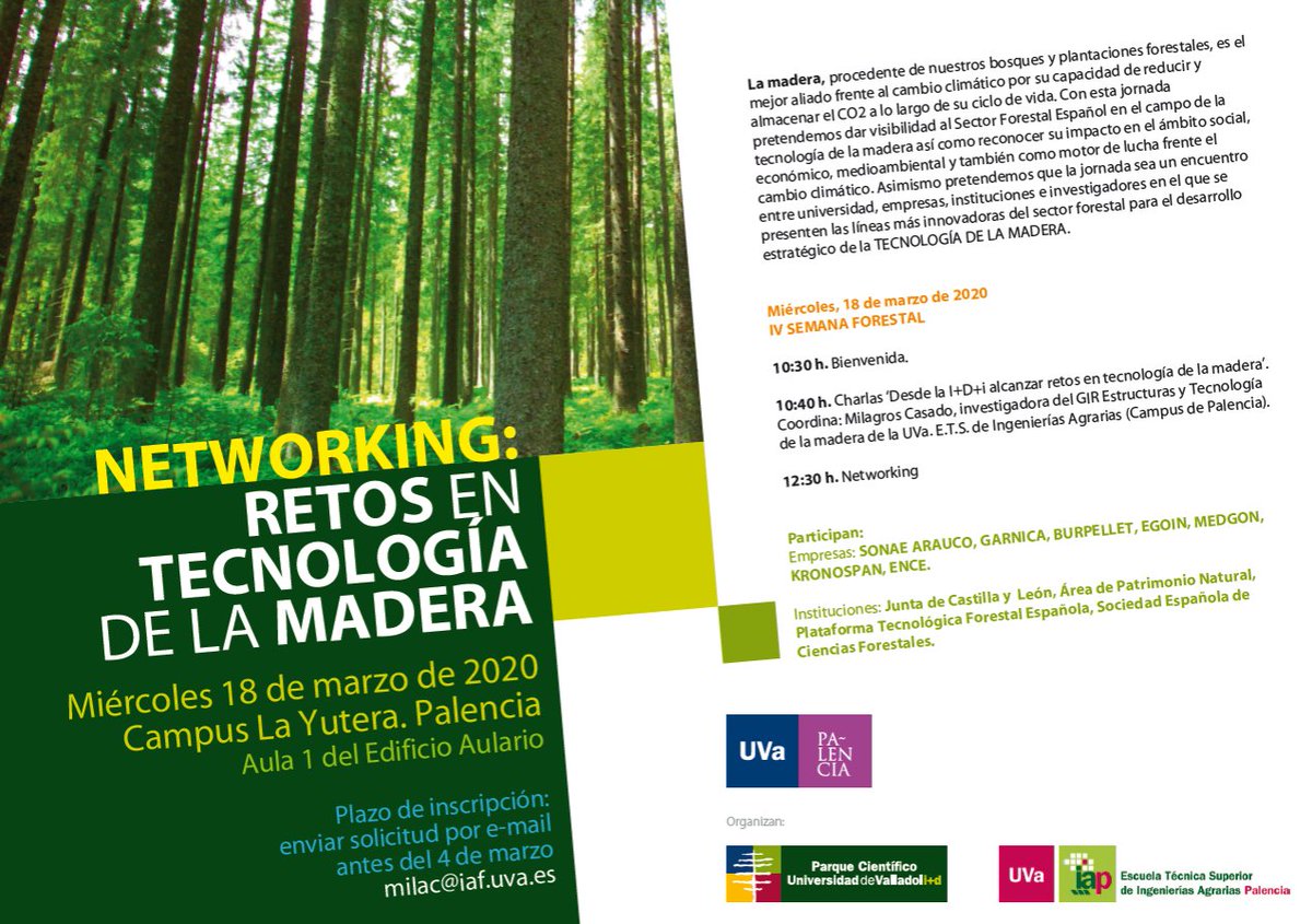 IV SEMANA FORESTAL
Con esta jornada se pretende dar visibilidad al Sector Forestal Español en el campo de la tecnología de la madera así como reconocer su impacto en el ámbito social, económico, medioambiental y también como motor de lucha frente el cambio climático.