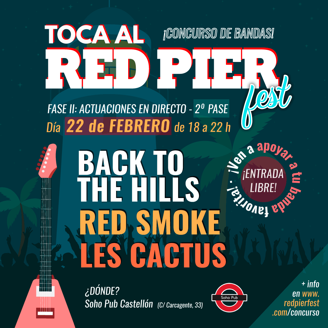 ¡Último día de actuaciones! El próximo 22 de febrero serán las audiencias en el SOHO Pub Castellón. 

Participarán #BackToTheHills, Red Smoke y Les Cactus. ¡No te lo pierdas!