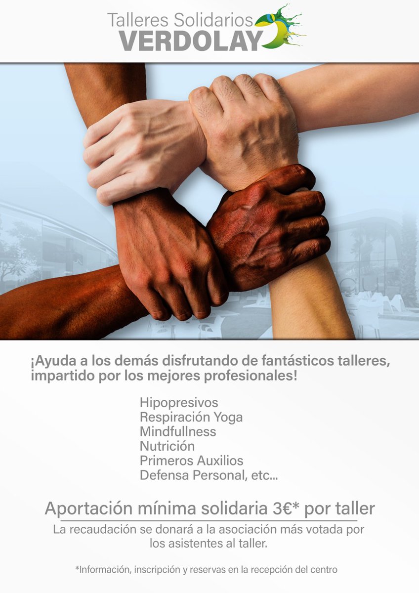 CDVerdolay's tweet photo. ¿Aún no conoces nuestros talleres solidarios? Pues descubre una nueva forma de ayudar a los que más lo necesitan disfrutando. #valores #cdverdolay #crecemoscontigo #ayuda #solidaridad #entrenamiento #mindfullness #nutrición #defensapersonal #hipopresivos https://t.co/pXqXytpZAW