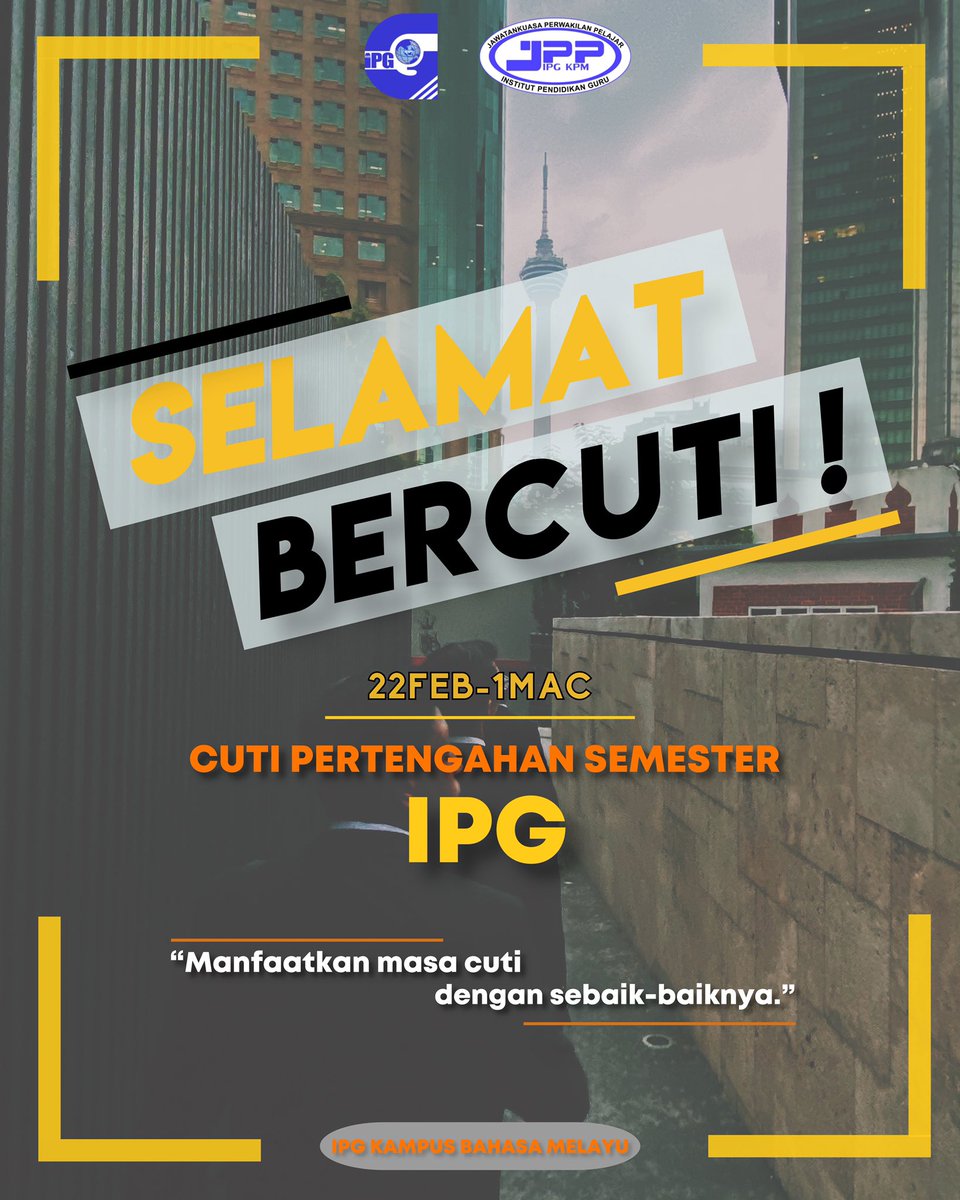 twt_IB's tweet photo. Selamat Bercuti! 💼 
Semoga selamat sampai ke destinasi &amp; manfaatkan masa cuti dengan sebaik-baiknya. Jangan lupa selesaikan tugasan kalian ya 🤭 
-daripada kami Jawatankuasa Perwakilan Pelajar IPGKBM Sesi 20/21. 
 
#jppipgkbm
#infojpp
#mediaib
#twt_IB https://t.co/JbZ2G6WZ9v