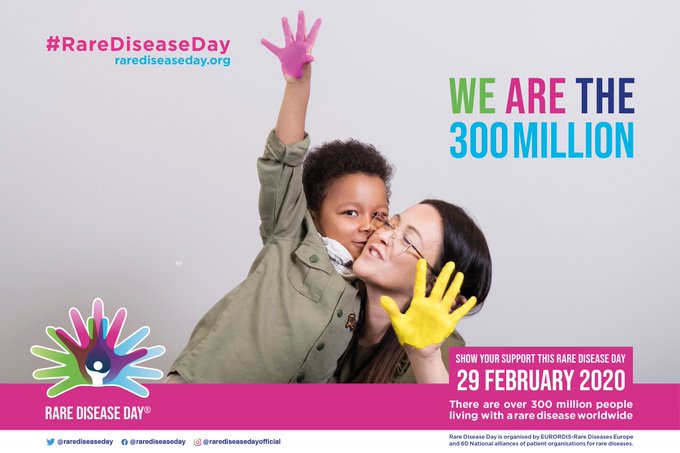 A child and young adult playing together the young adult has brightly coloured paint on thier hands with the words Rare disease day, we are the 300 million
