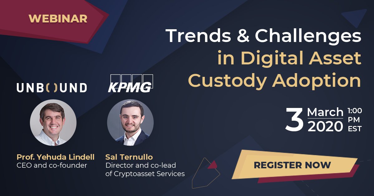 UnboundSecurity's tweet photo. [Webinar] NEW - Honored to be hosting @KPMG as guests for our next webinar, "Trends and Challenges in Digital Asset Custody Adoption," on March 3. Save your spot today >> https://t.co/EJyfHTmjlX

h/t @LindellYehuda https://t.co/SWXaNZBHnf