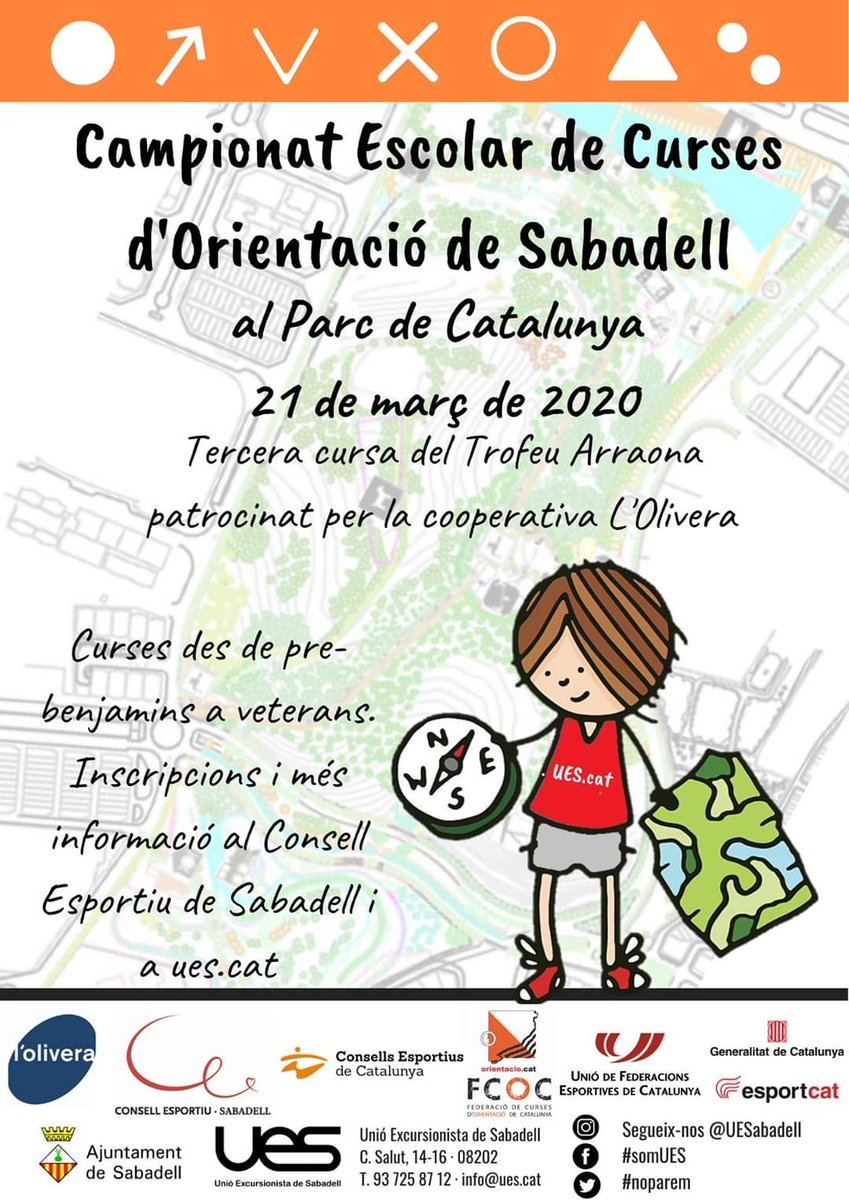 21 de març: Campionat Escolar de Curses d'Orientació de #Sabadell 
Més info a ues.cat
#noparem #somUES #orientació #cursesorientació @CEVOSabadell @Aj_Sabadell @sbdesport @orientacio_cat