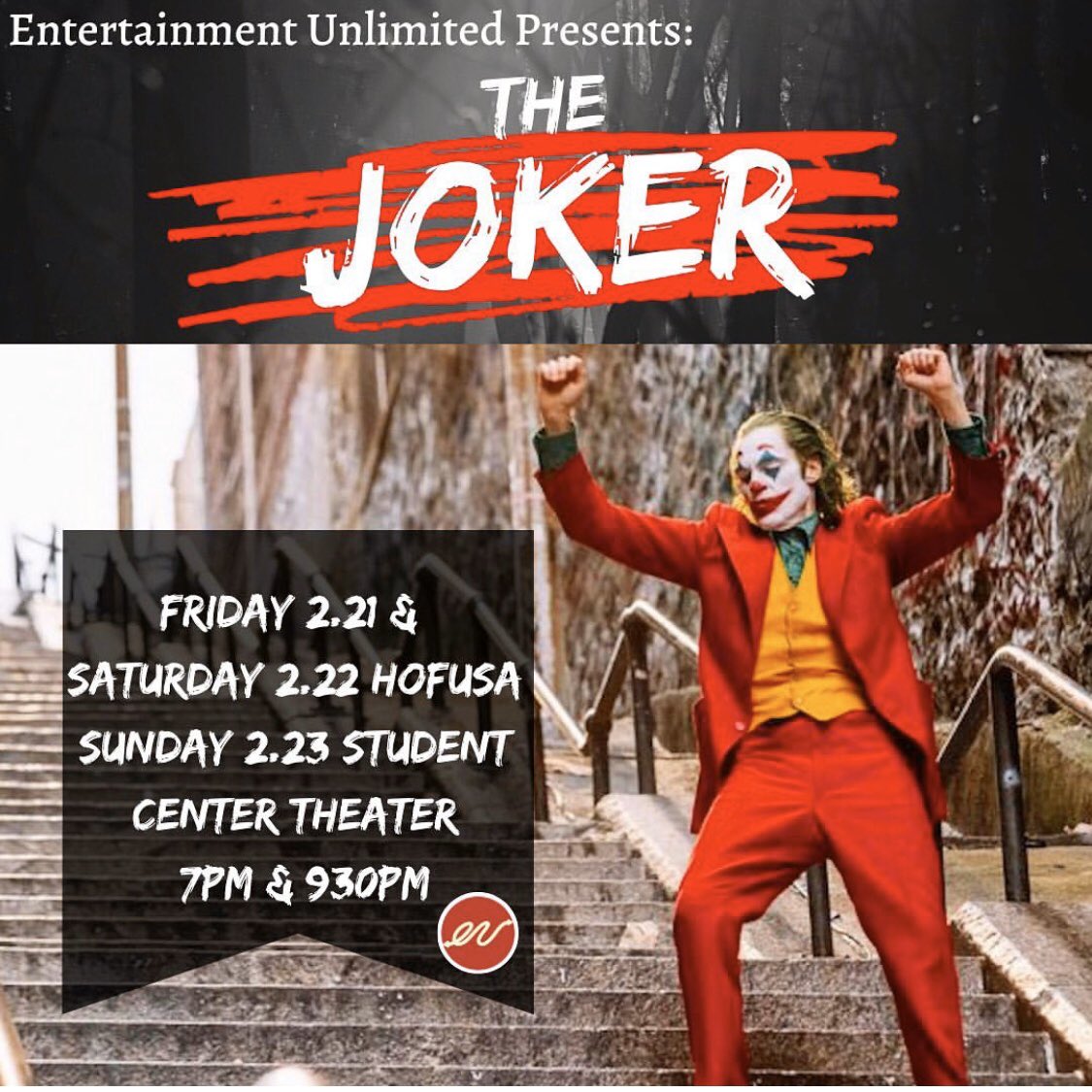 HofstraEU's tweet photo. Come to hofUSA tonight and tomorrow night to watch the Joker!! Come to the student center theater on Sunday night to see it!! https://t.co/xu3XlrKW5W