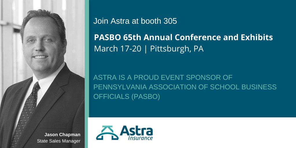 AstraInsurance's tweet photo. We're looking forward to the 65th Annual PASBO Conference &amp; Exhibits. #PASBO20 #booth305
#SafeguardingTomorrowEveryDay https://t.co/u7jEtpKaDX