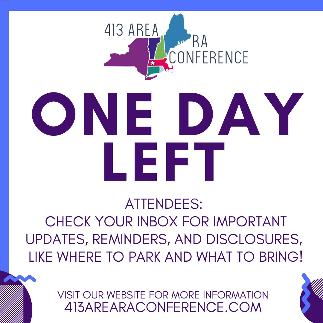 413Conference's tweet photo. We're less than 24 hours away from the 413 Area RA Conference! Attendees: Please make sure to check your email inbox for important updates, reminders, and disclosures like where to park and what to bring! https://t.co/u63W18qMNf
