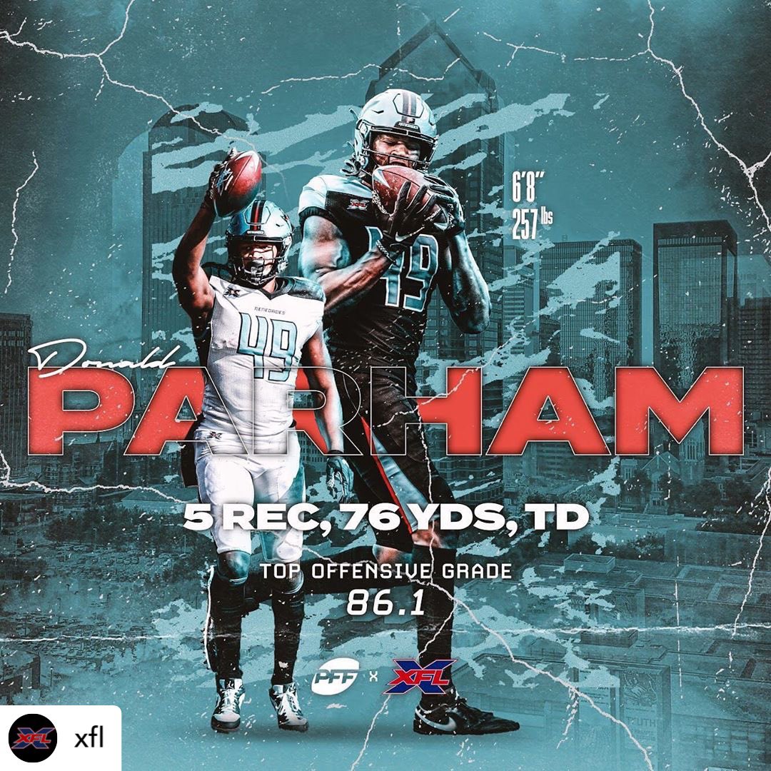 UFLRenegades's tweet photo. Ｔｅｘａｓ－ｓｉｚｅｄ congratulations are in order for our big TE target, Donald Parham (@Jiggydd_49), the top-graded offensive player in @xfl2020 last week, according to @PFF. #ForTheLoveOfFootball https://t.co/m6kHkcYuCj