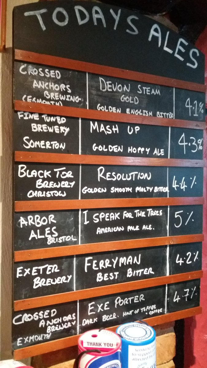 Today's Cask Ales at the London. <a href="/XAnchorsBrewing/">Crossed Anchors</a> Devon steam and Exe Porter. <a href="/FineTunedBrew/">Fine Tuned Brewery</a> Mashup, <a href="/BlackTorBrewery/">Black Tor Brewery</a> Resolution. <a href="/ExeterBrewery/">The Exeter Brewery</a> Ferryman. <a href="/ArborAles/">ARBOR</a> I Speak For The Trees.