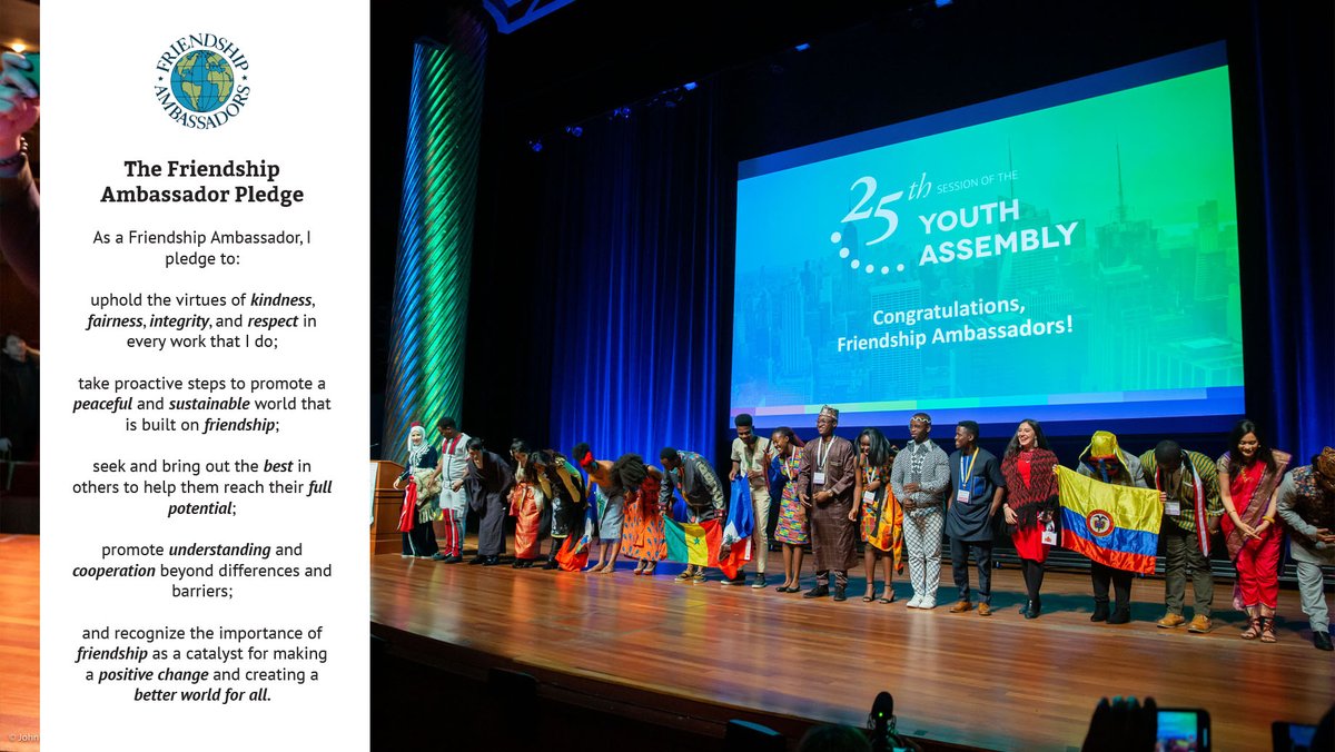 FriendshipAmbas's tweet photo. Congratulations to the @YouthAssembly delegates who became our first cohort of #FriendshipAmbassadors last weekend! As Friendship Ambassadors, you are now part of a community that embodies the values of #friendship and work towards a peaceful and sustainable world for all! #YA25 https://t.co/2OzWCUt9uH
