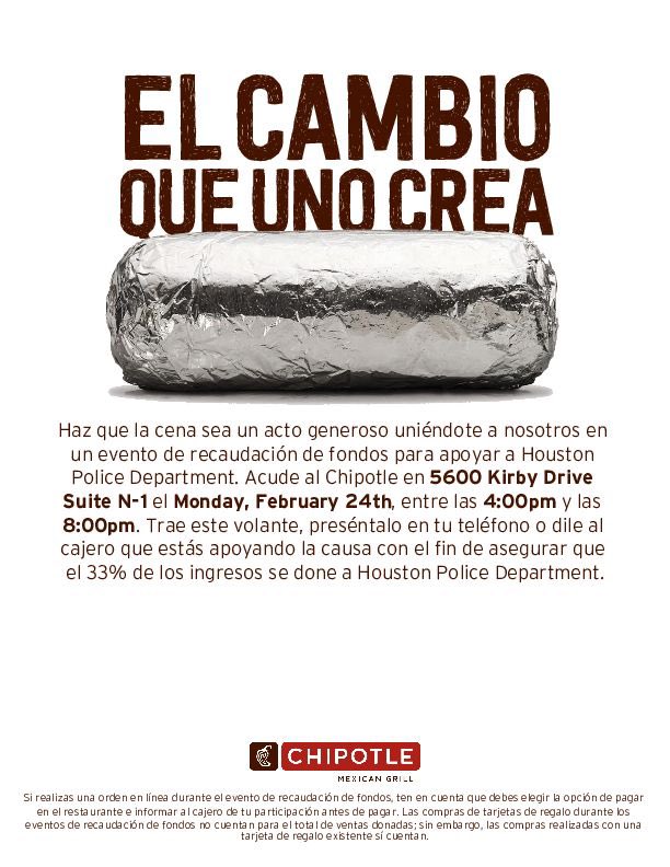 hpdcentralpal's tweet photo. Happy Friday everyone!🥳 #CauseAnEffect this Monday(2/24)!If you’re able to stop by @ChipotleTweets 4-8 PM, please make sure to mention you are supporting the cause.Part of the proceeds will go towards your @houstonpolice #GHPAL efforts! Thank you everyone for yalls support! https://t.co/A9qiifcw8h