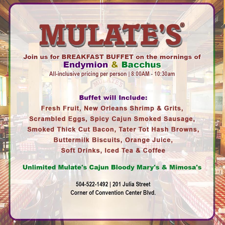 Mulates's tweet image. We hope to see you all this weekend for our breakfast buffet!! #carnivalseason #mardigras #nola