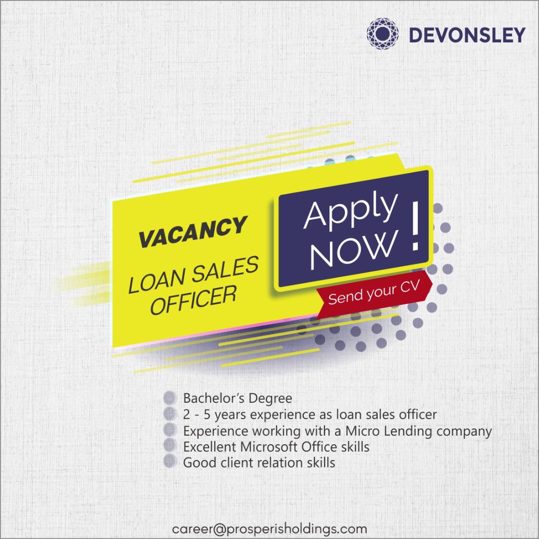 TrivesNG's tweet photo. We are hiring Loan Officers

Salary and Benefits
* Competitive salary
* Bonus and Incentives

Location: 

Ikoyi, Lagos

Send CV to career@prosperisholdings.com
Subject: Loan officer https://t.co/EcMVNhXX0f