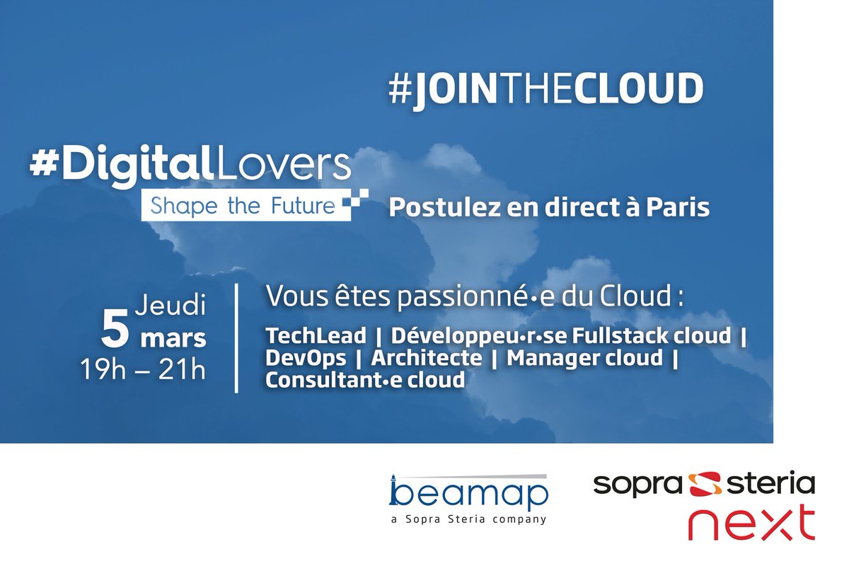 Beamap's tweet photo. Vous rêvez de rejoindre une équipe d'expert•e•s du cloud ?

Venez nous rencontrer et en discutez en direct !

#JoinTheCloud #ShapeTheFuture 

Jeudi 5 mars Place de l'Étoile à Paris
Inscrivez-vous ici, les places sont limitées : 
https://t.co/CYJHyLkFqS https://t.co/0lMOu5Kjew