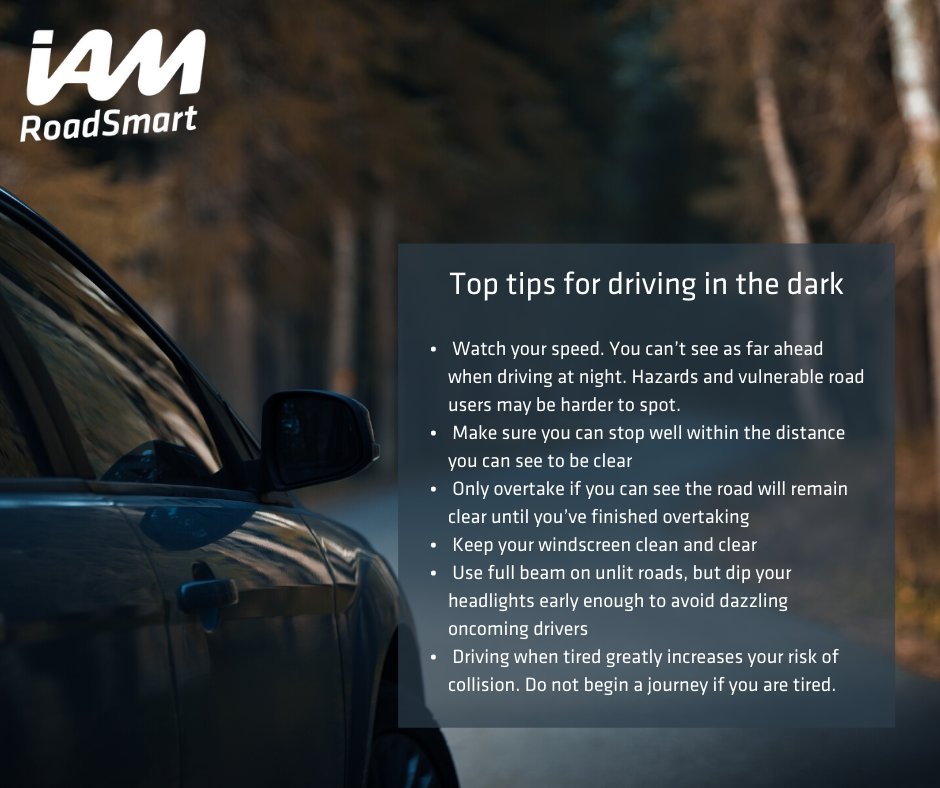 IAMRoadSmart's tweet photo. According to @DVSAgovuk  up to 100,000 driving test candidates may be taking their driving test each year without having ever practised driving in the dark, despite 35% of all road accidents involving young drivers happening at night.

#RoadSafety #FridayFeeling https://t.co/dIBdPIY7Co