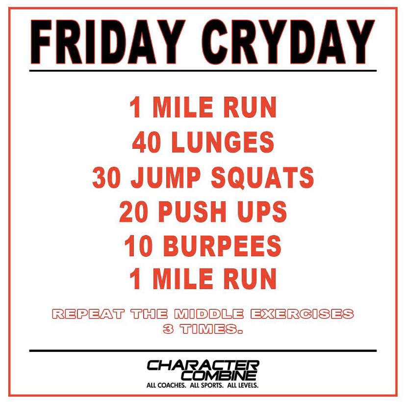 SportsCharacter's tweet photo. It’s #FridayCryday and @DebMccollum has another workout for you! Give this a shot, challenge a friend, and let us know how it goes. We would love to know what your time is for this one.
Have a great weekend!!! #charactercombine https://t.co/uorFa8yzoX