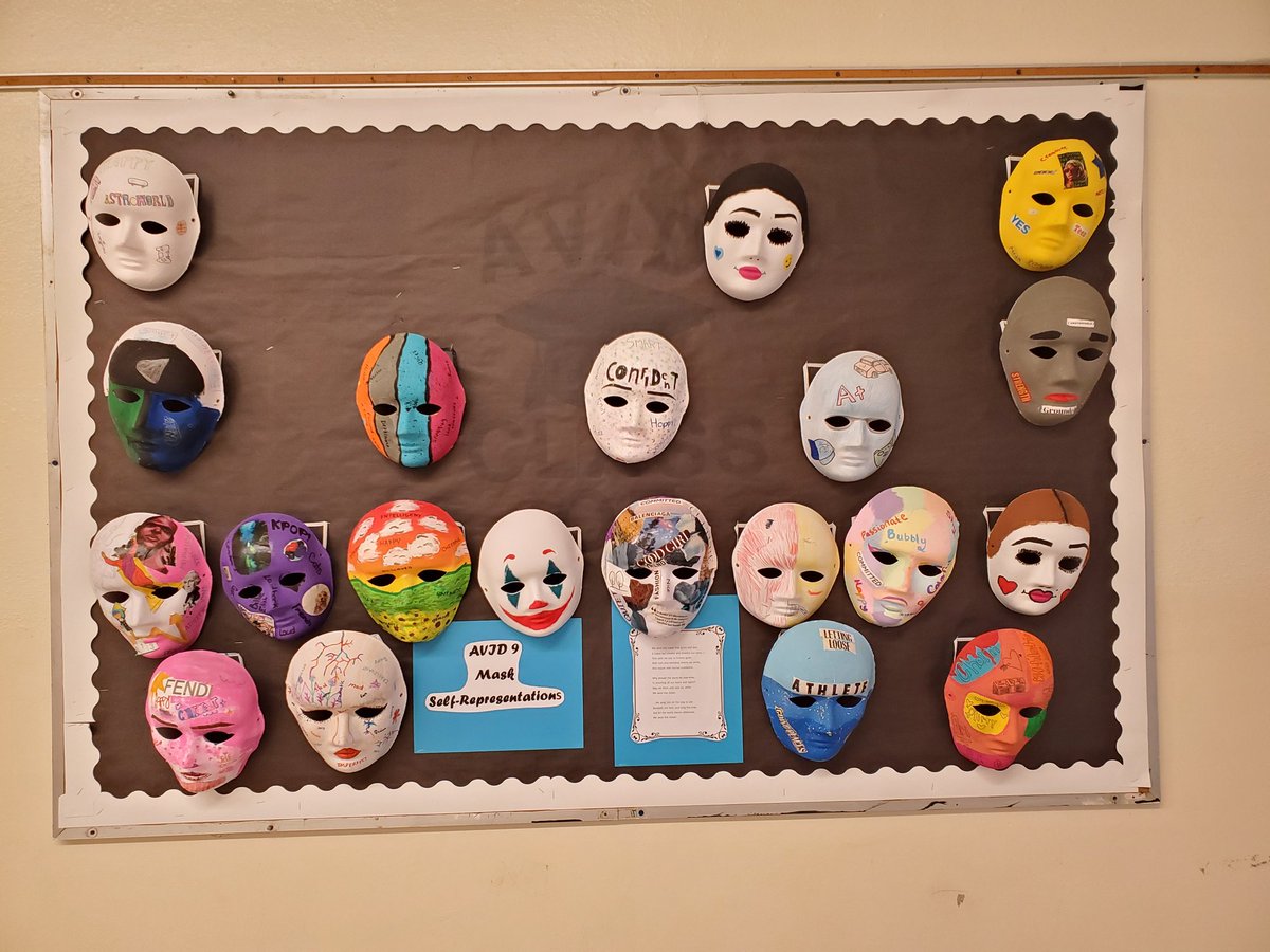 LawnaDKurtyka's tweet photo. We Wear The Mask self-representation activity in AVID 9! Students created these and presented to the class today! I love what they shared!! #wecreatetogether #wpsavid #avid4college #WeFlyTogether https://t.co/uZFWOT7P0J