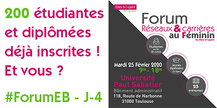 Ellesbougent's tweet photo. J-4 #ForumEB @EllesBougent_MP 
👩‍🎓Etudiante ou jeune diplômée d'#Occitanie, #LanguedocRoussillon, #MidiPyrénées à la recherche d'un #stage #emploi #WomenInSTEM ?
📅Rdv mardi 25/02 à l'@UT3PaulSabatier 
100 marraines &amp; relais @Ellesbougent à votre dispo !
https://t.co/RahQNOqdpW https://t.co/gKvo2C0wXM