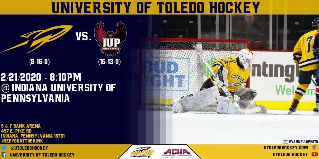 UToledoHockey's tweet photo. 🚀🏒 Game Day 🏒🚀
The Rockets hit the road to take on @IUPIceHockey in the first game of a 2 game road series!

⏰ 8:10pm
📍 S &amp; T Bank Arena
📺 IUP Hockey (YouTube) https://t.co/Hl9cX1BYE5