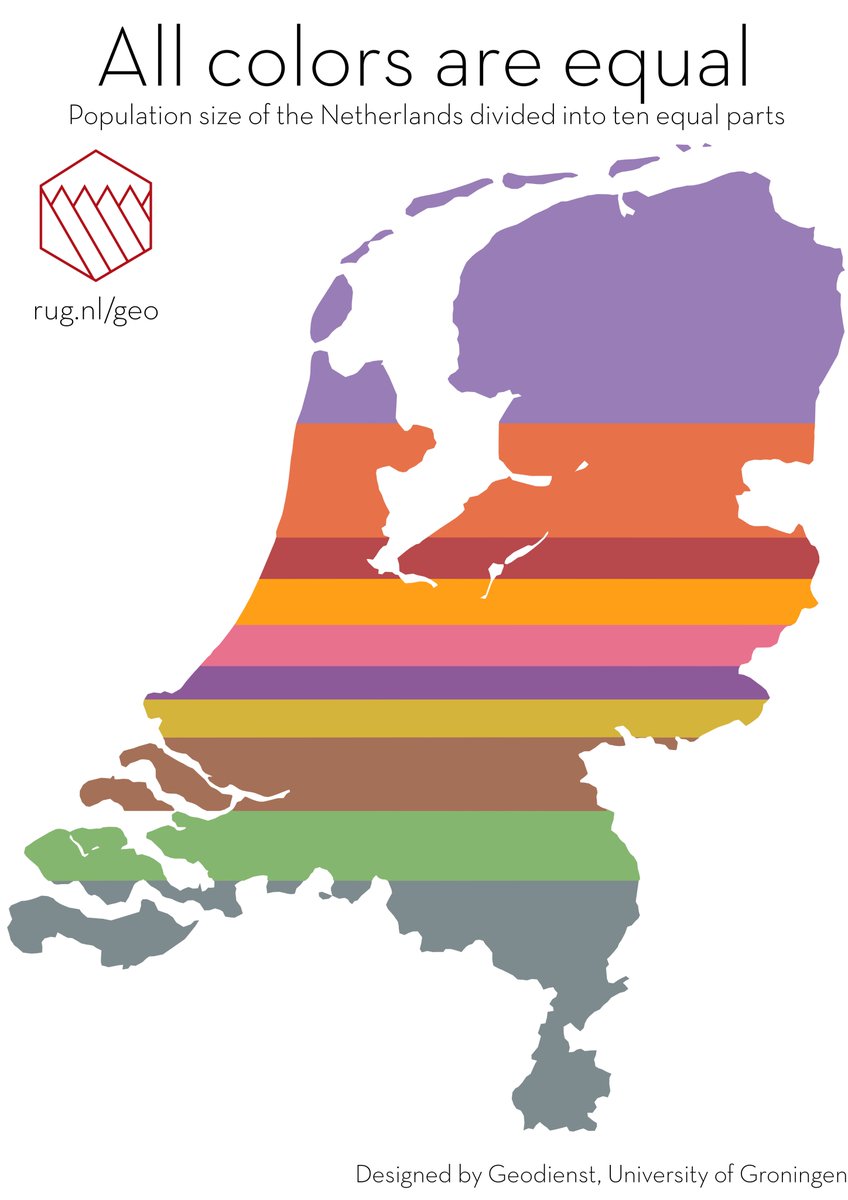 Wat kan data toch mooi zijn! Nederland verdeeld in 10 vlakken met een gelijk aantal inwoners. Fijn weekend! 🌍🌍