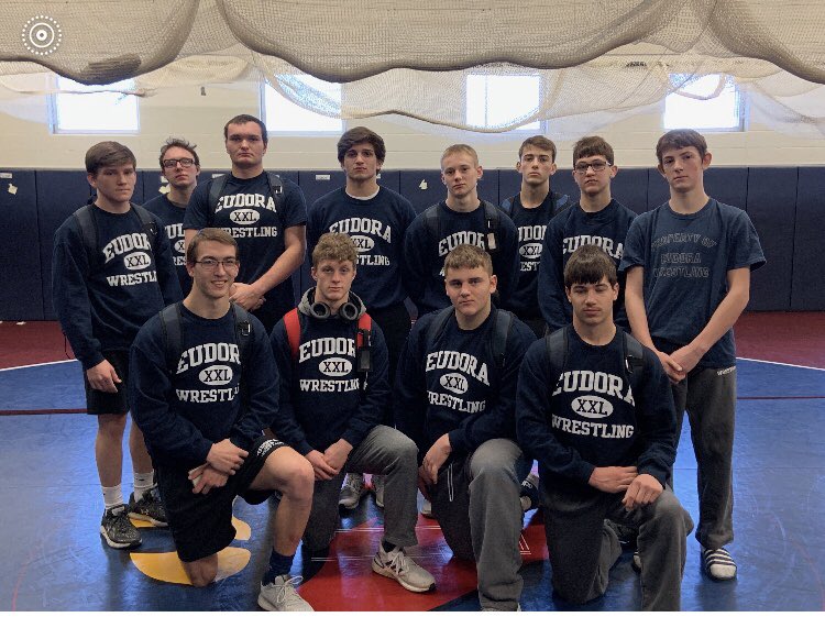 EudoraHS's tweet photo. Good luck to our wrestlers as they wrestle at Regionals today in Louisburg. A top 4 individual finish this weekend will qualify them for state. Wrestling starts today at 1:00pm. #EudoraProud https://t.co/7IZO2Plzar