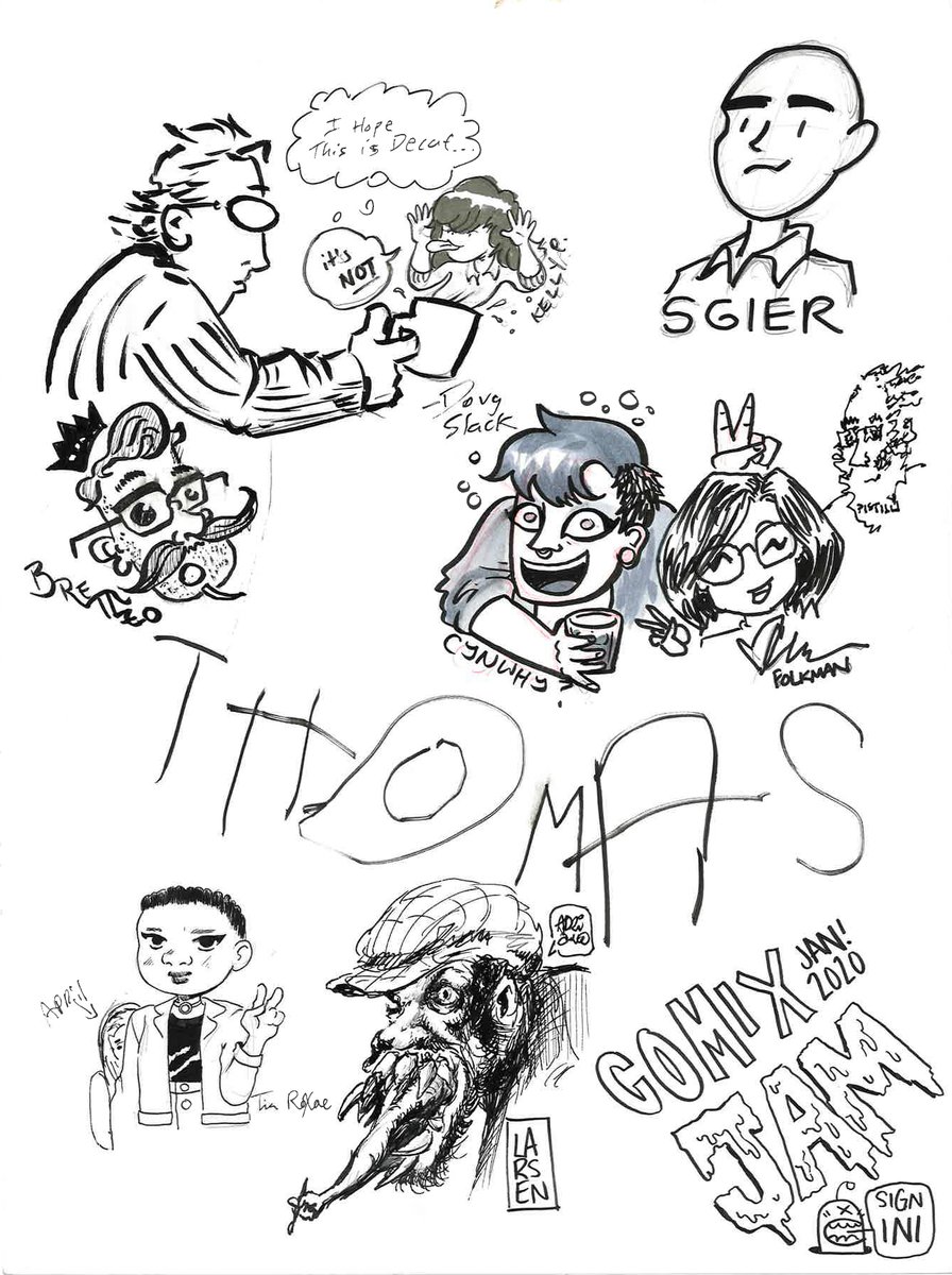 PhillyComixJam's tweet photo. JANUARY COMIX JAM (and older pages catch-up) 
Thread 1/6
* * * * * 
Sign-in sheet: @Doug_Slack @kellypcomics @TheBrettzo @Cynderblock @ClaireFolkman @msgier @larsenproject @amluv_ Bob Pistilli, Tia Roaxe, Adriano Moraes, and a John Hancock-sized signature from a 4-year-old https://t.co/ZJMHrsr40d