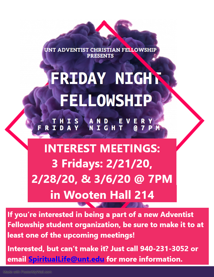 UNT_SL's tweet photo. Seeking students who would like to be a part of the new Adventist Fellowship student org!
Come to 1 of 3 Interest Meetings, taking place on Fridays at 7PM in WH 214 -starting TODAY! (2/21, 2/28, &amp; 3/6)
Can't make it? Call 940-231-3052 or email SpiritualLife@unt.edu for more info https://t.co/gJrvglm4MB