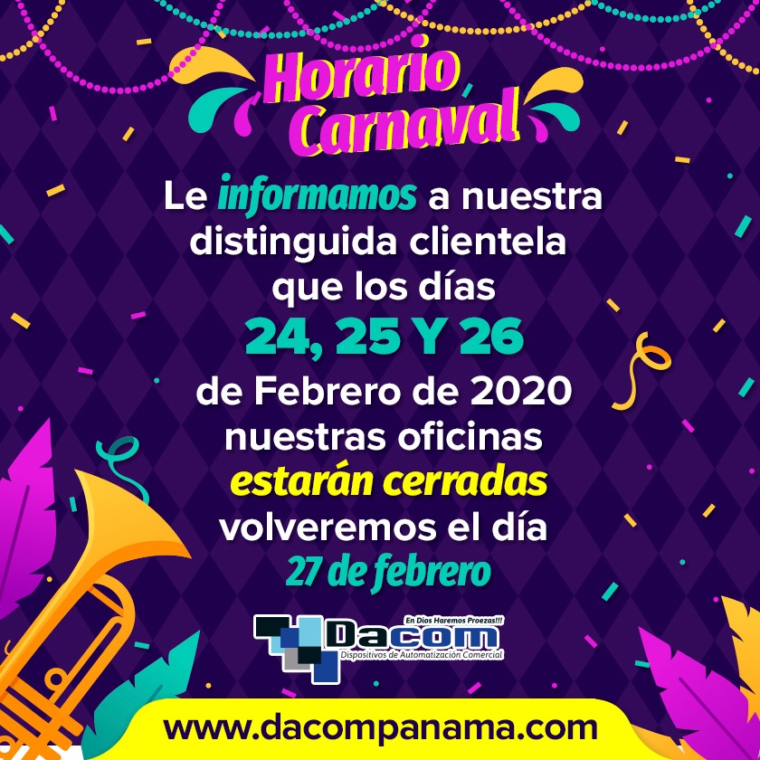 Dacom_Panama's tweet photo. Les informamos a Nuestra Clientela el Horario en días Festivos por motivos de Carnavales 😎👌👙💧🌞
Somos Automatización Comercial Equipos Fiscales, 💽 Software &amp; Hardware 💻 📞+507 3211466 🔗👇https://t.co/bRYxCunk11
#carnaval 
#garotas
#MaquinasFiscales 
#emprendedores 
#pty https://t.co/mWpTLoYVLe