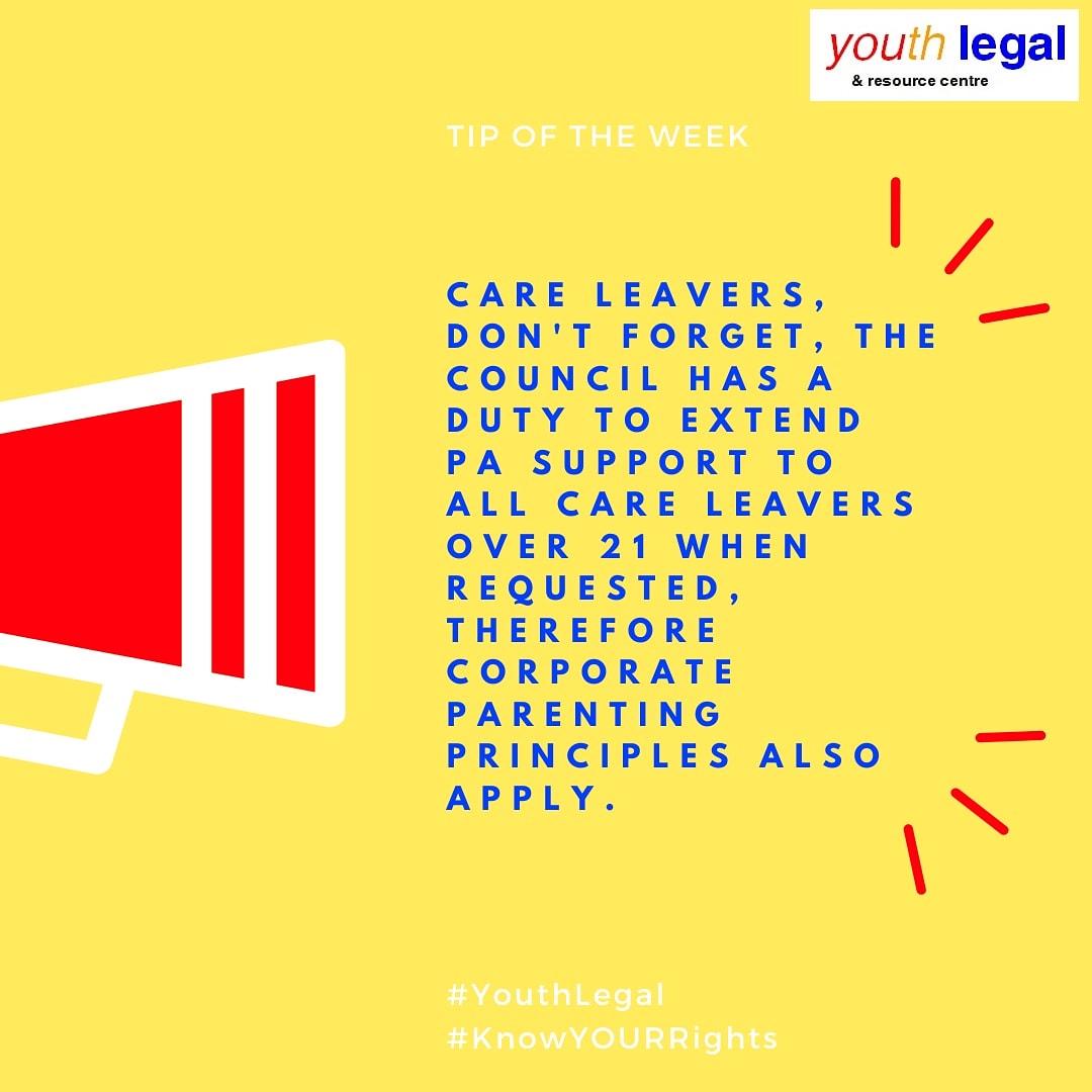 YouthLegal's tweet photo. Tip of the week in light of #CareDay2020

Care leavers, don't forget, the council has a duty to extend PA support to all care leavers over 21 when requested, here's the link to the principles the council must have regard to:

https://t.co/ch5DULaNbm 

#youthlegal #KnowYourRights https://t.co/EscyE58wIL