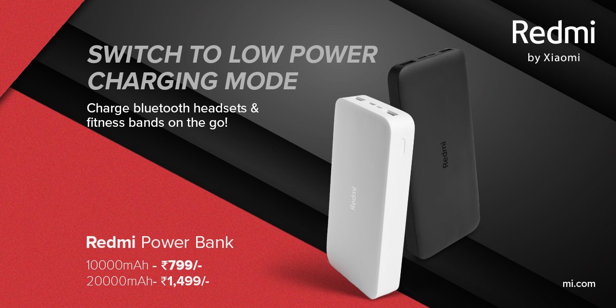 RedmiIndia's tweet photo. Double press the power button to switch to low power charging mode and safely charge your low power devices such as Bluetooth headsets & fitness bands!
The all-new #RedmiPowerBank is exclusively available on https://t.co/cwYEXeds6Y. #MorePowerToRedmi https://t.co/nokTOS7HAj