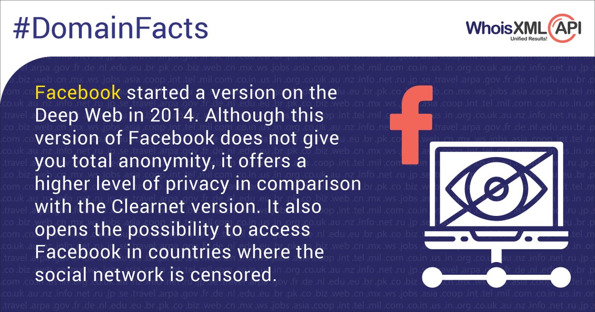 whoisxmlapi's tweet image. You can access #Facebook via the deep web by using the official Facebook .onion mirror.
#DomainFact #Deepweb