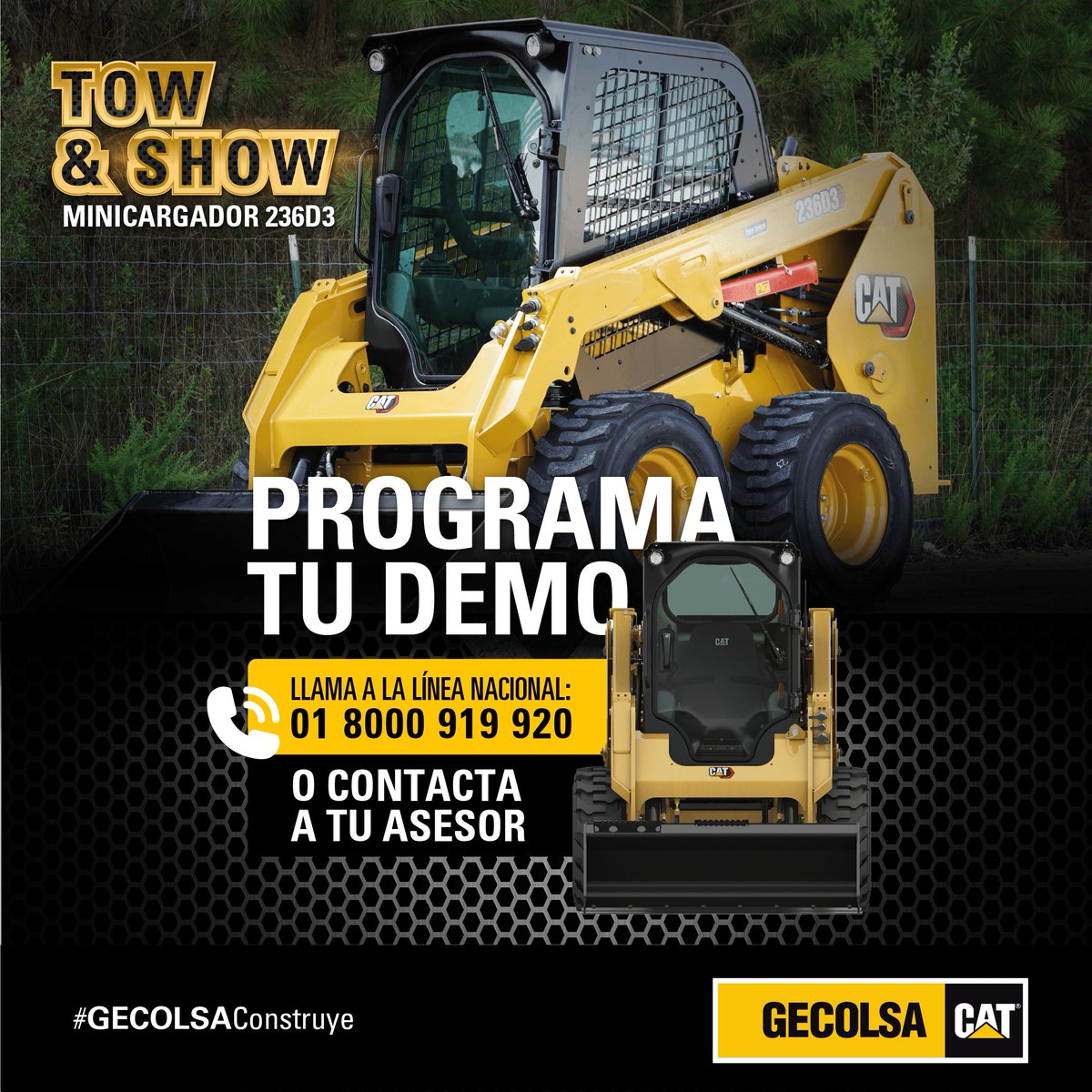 GECOLSACAT's tweet photo. Llega a Bogotá la experiencia Tow &amp; Show, la mejor demostración de nuestro minicargador 236D3. 

Podrás experimentar todo su potencial de una manera personalizada. ¡Reserva el espacio con uno de nuestros asesores! 

Conoce más a través del: 01 8000 919 920. 
#GECOLSAConstruye https://t.co/U04BLRyWH5