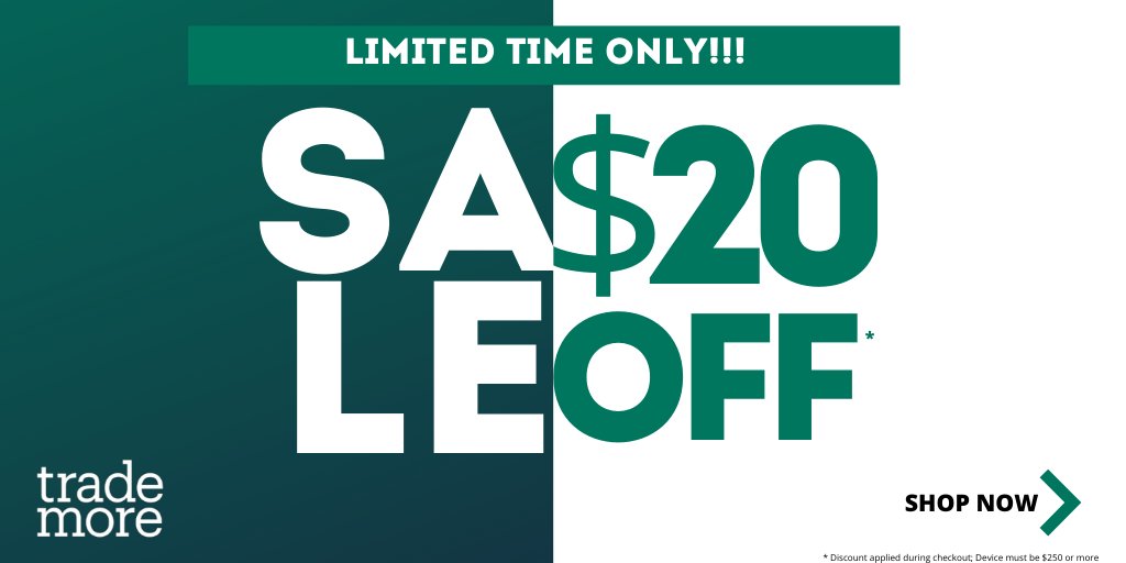TradeMoreMobile's tweet photo. Sale ends in 2 days! Save $20* on a pre-owned device plus FREE SHIPPING. Why wait? Visit https://t.co/kisenDpMEm to purchase your pre-owned device today.  #trademore #FridayFeeling #Deals https://t.co/WRYvx9M3wm