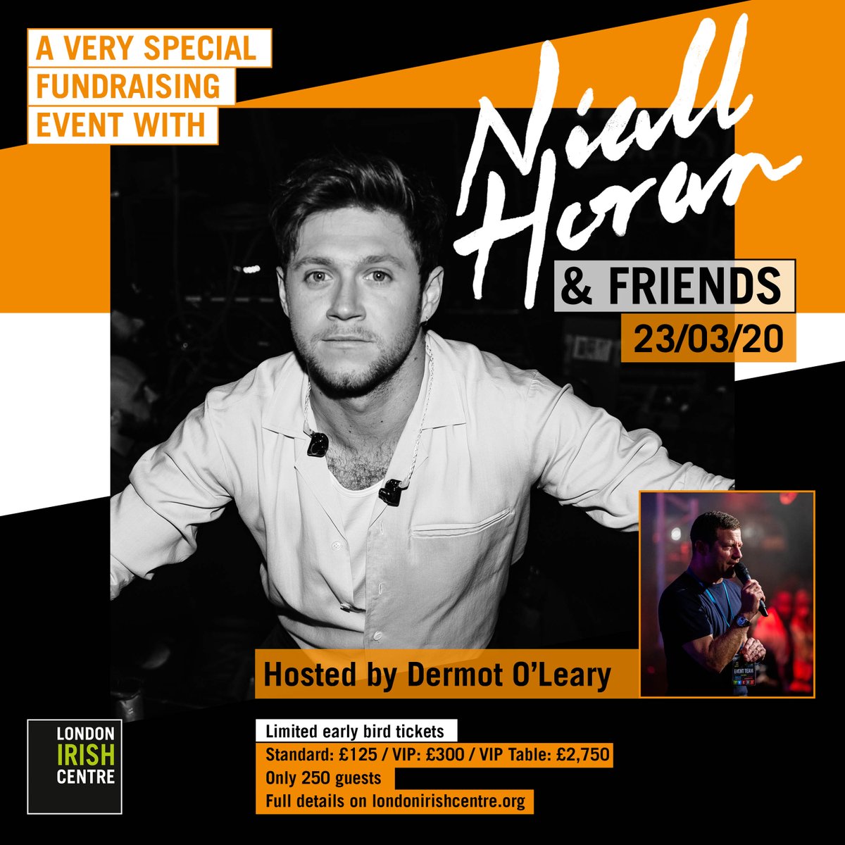 NiallOfficial's tweet photo. Very excited to announce my special London Irish centre charity night with my good friend @radioleary . Love what the @LDNIrishCentre have been doing for years and I’m glad I can now be a part of it . Limited tickets available at https://t.co/1m4ul8TkRM https://t.co/RKR4Nt4UA9