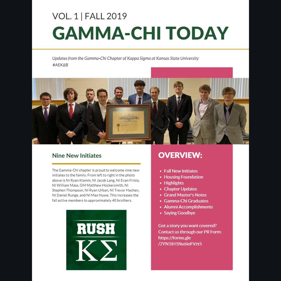 KappaSigmaKSU's tweet image. Check out what the chapter has been up to in the fall of 2019 with the first edition of "Gamma-Chi Today," our official newsletter.

ow.ly/6hhi50yrUWC