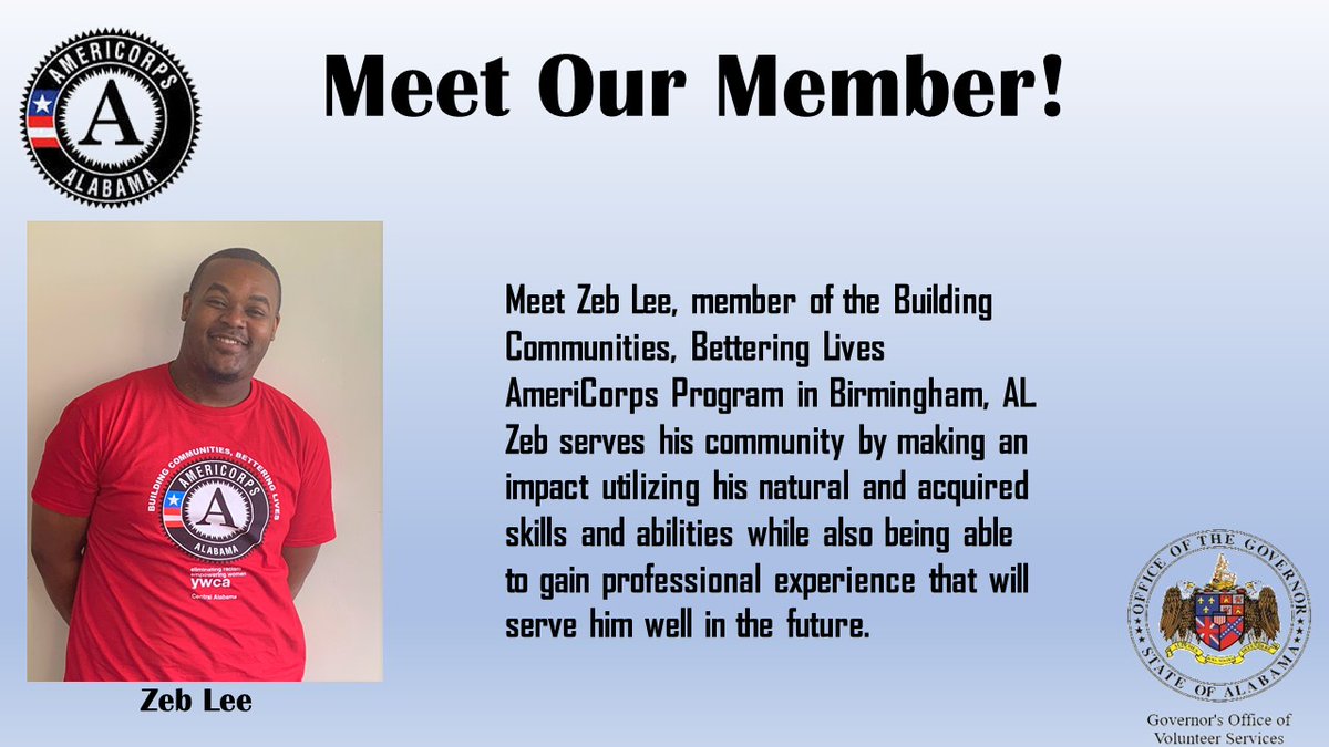 ServeAlabama's tweet photo. Thank you, Zeb, for your creativity and innovative ideas when engaged in your service. You care and it shows! For more member information, please follow this link: https://t.co/S0dXvBy1j6
#ServiceWorks #AmeriCorps #GetThingsDone
@YWCentralAL https://t.co/57vbVFVOvw