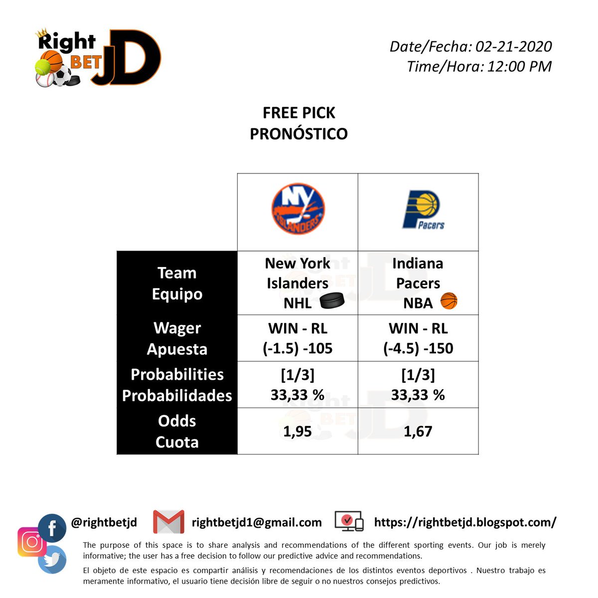 RightBetJD's tweet photo. 2020-02-21 Free Pick/Logro Gratis
Do you want to win? Subscribe to our VIP information and start earning. #VIPSubscription: DM
¿Quieres Ganar? Suscribete a nuestra información VIP y empieza a ganar. #SuscripcionVIP: DM
#Bet #Apuesta #ApuestaDeportiva #Parley #RightBet https://t.co/qIg1msd270