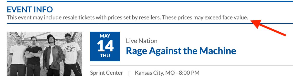 nicktrusty's tweet photo. @tmorello saw you note that the price of tickets should be $125 for any show, with exception to the charity tickets (beautiful idea) when linked from RATM site. But, even then,  resellers can pop up - such as this notice for the KCMO show. https://t.co/pkErp2XbIe