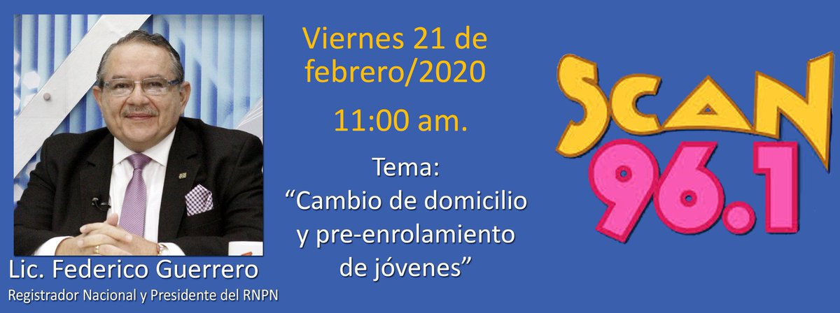 rnpn_sv's tweet photo. #HOY || 11:00 am. en #RadioScan 96.1 FM. Pdte. @FedeGuerreroES informará sobre fecha límite para el cambio de domicilio y pre-enrolamiento de jóvenes. 📻🎙⬇️👇 https://t.co/bzUngWXcCY