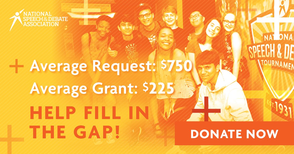 speechanddebate's tweet photo. In 2019, teams requested an average of $750 to help get to #Nats19, but we were only to give them each about $225. Help us fill in that gap -- give $10, one for each round of competition at Nationals, so we can get every student to #Nats20: https://t.co/QcnsRqNkMy https://t.co/SyMmcwZgHq