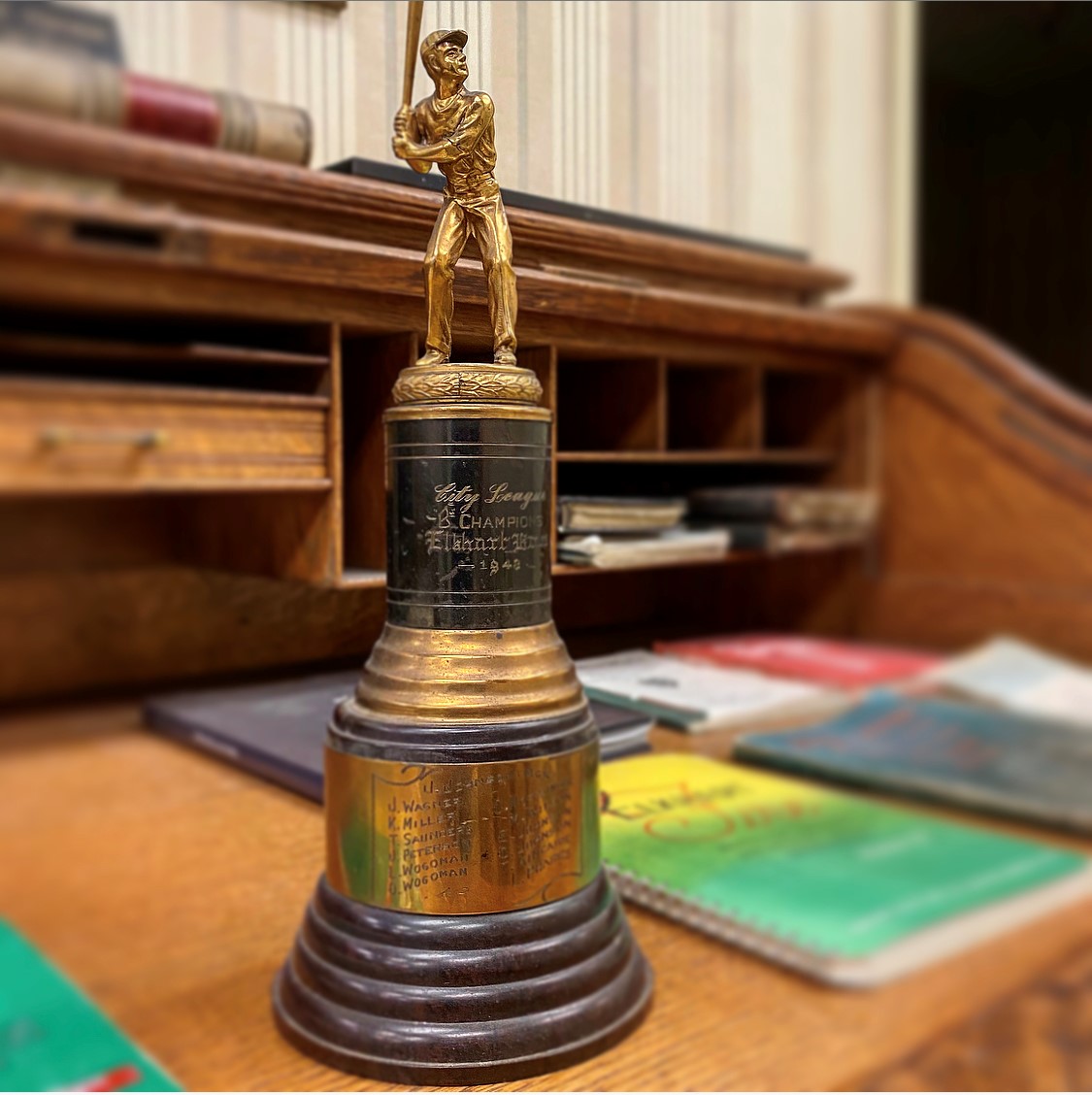 elkhartbrass's tweet image. It's OPENING DAY!  Spring training starts today and here is a gem from our display case.  The City League Baseball Championship trophy won by Elkhart Brass in 1948.  Have fun rooting for your favorite team...baseball is back!  #flowbackfriday #elkhartbrass #wateralwayswins