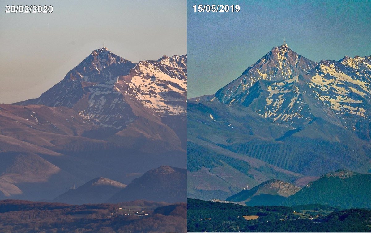 Meteovilles's tweet photo. Intéressante photographie montrant le #PicduMidi le 20/02/2020 à gauche et le 15/05/2019 à droite, une ressemblance frappante et pourtant une photo est prise en fin d'hiver, l'autre au milieu du #printemps ! 
Images via @Meteo_Pyrenees https://t.co/pWmXo4hp7y