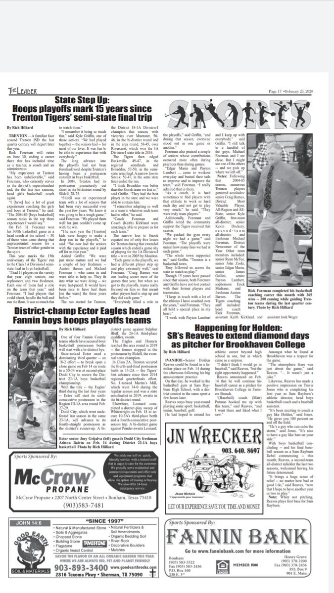 SportsStringer's tweet photo. 2/25 Fannin Co. Ldr:
*State Step Up: #txhsHoops #playoffs mark 15 yrs since @Trenton_THS Tigers’ semi-state final trip 
*Happening for Holden: @sam_isd @HoldenReaves to extend diamond days as pitcher for @brookhaven 
*District-champ Eagles head Fannin boys hoops playoffs teams https://t.co/Z0cnCGsp7c