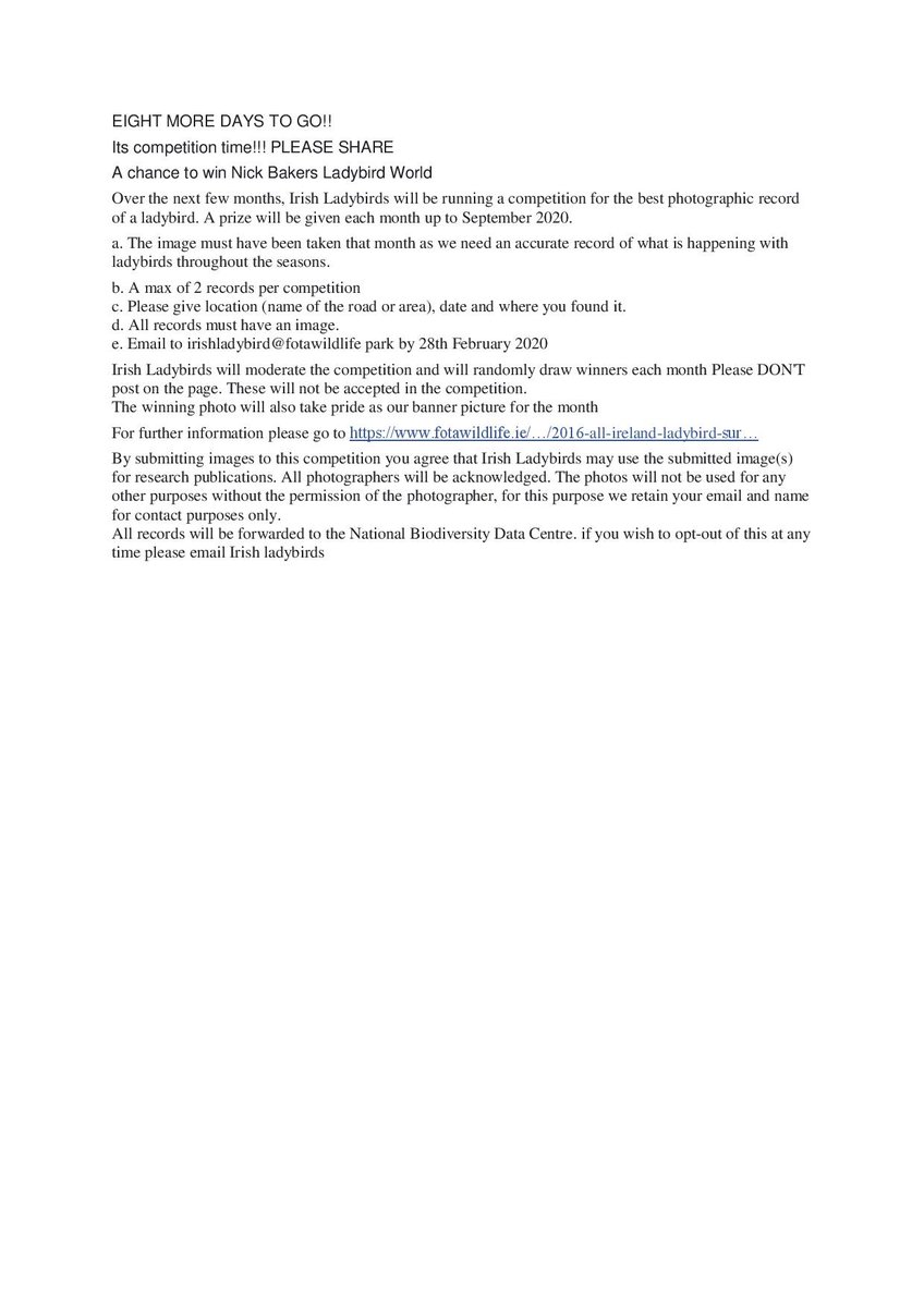 Competition time... 8 Days to go. Send in your Feb ladybird records. See the attached. @uccBEES <a href="/fotawildlife/">Fota Wildlife Park</a> <a href="/irishexaminer/">Irish Examiner</a> <a href="/echolivecork/">EchoLive.ie</a> <a href="/Corks96FM/">Cork's 96FM</a> @CorkNatNetwork <a href="/AnTaisce/">An Taisce</a> <a href="/Irishwildlife/">Irish Wildlife Trust</a>