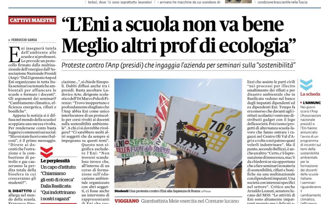 cosa aspettate @SergioCosta_min e <a href="/AzzolinaLucia/">Lucia Azzolina</a> a mettere fine a questa vergogna di #ENIKILLER a insegnare #educazioneambientale nelle #Scuole? La pubblicità al posto dell'informazione? Per giunta di chi è il maggior responsabile dei danni e vi anche sono crimini da accertare?