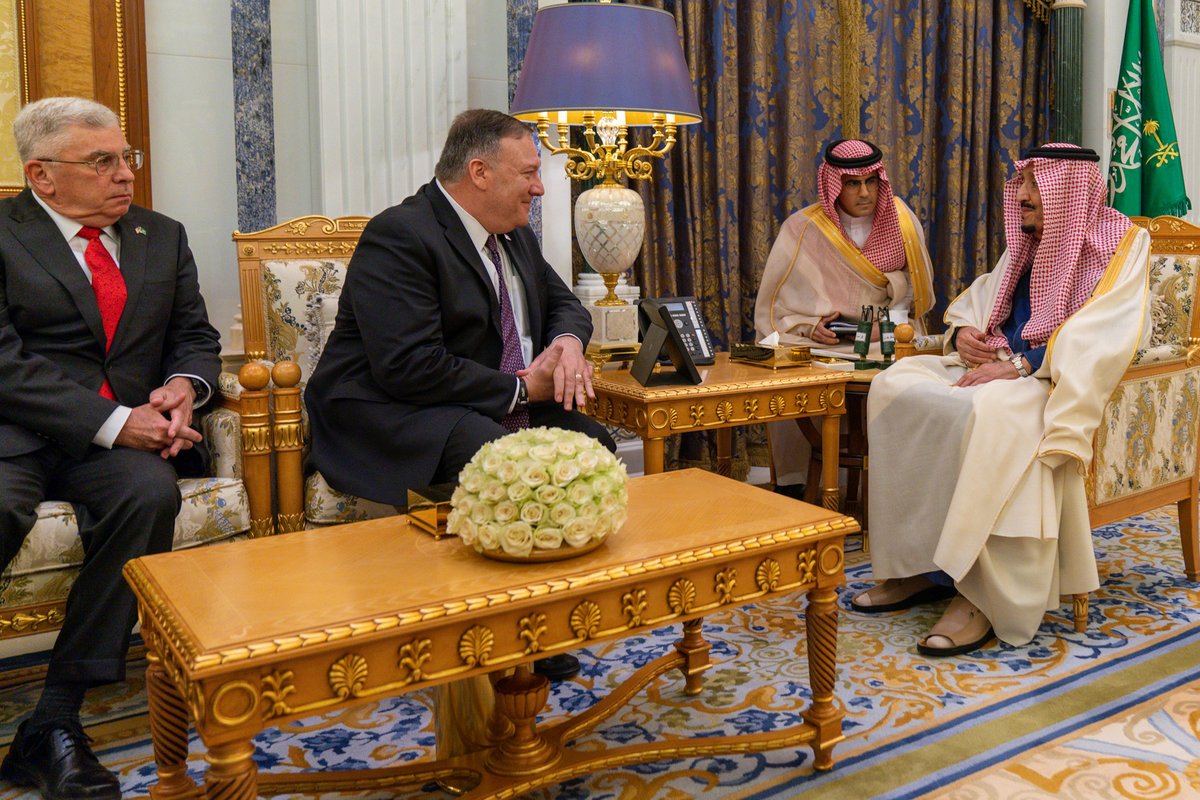 SecPompeo's tweet photo. Honored to meet with @KingSalman bin Abdulaziz Al Saud yesterday to discuss a number of issues. I’m grateful for the King’s efforts to end the conflict in Yemen. Saudi Arabia remains a strong and enduring partner. https://t.co/nf35NVYpdv