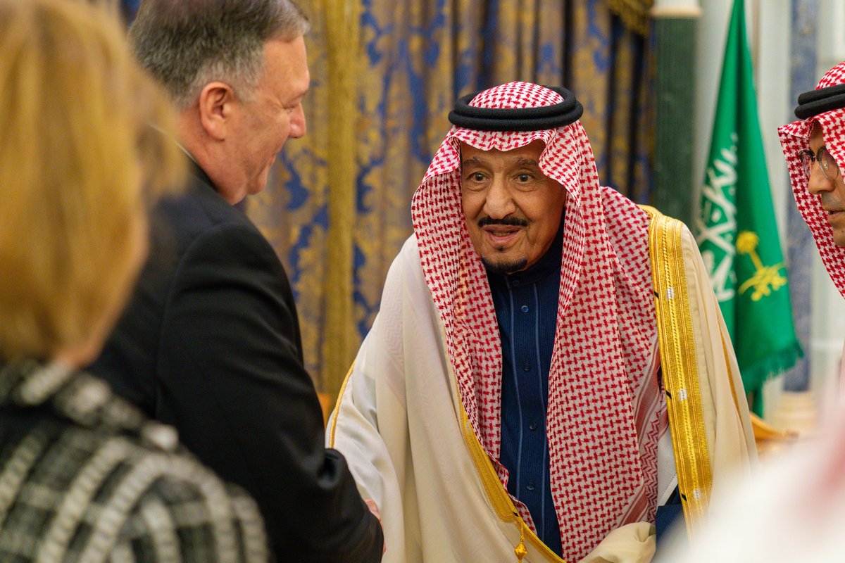 SecPompeo's tweet photo. Honored to meet with @KingSalman bin Abdulaziz Al Saud yesterday to discuss a number of issues. I’m grateful for the King’s efforts to end the conflict in Yemen. Saudi Arabia remains a strong and enduring partner. https://t.co/nf35NVYpdv