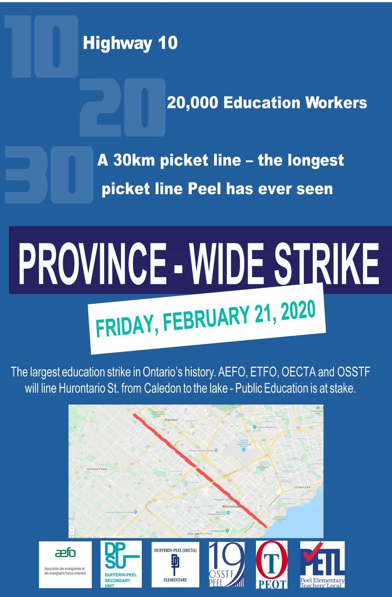 OSSTFD19's tweet photo. This morning from 9-12, we will form the longest picket line ever. #Strike102030 will line Hwy 10 with 20,000 teachers and education workers for 30km from North of Mayfield Rd to Lakeshore, as #EducatorsUnited to defend public education from @fordnation’s reckless cuts! https://t.co/EiIoeLYV7p