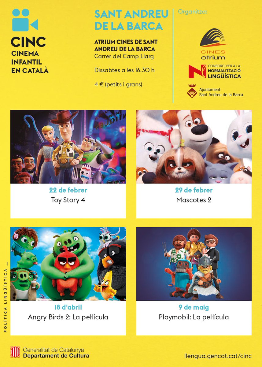 Ajuntamentsab's tweet photo. 🎥 Avui nova edició de Cinema Infantil en Català "CINC" amb la projecció de la pel·lícula "Toy Story 4" al #CineAtrium de #SantAndreudelaBarca @SLC_SAB https://t.co/WlylYZecdW